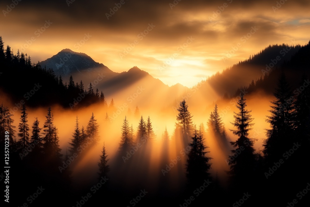 Obraz premium Sunset illuminates misty mountain landscape with towering trees in the foreground