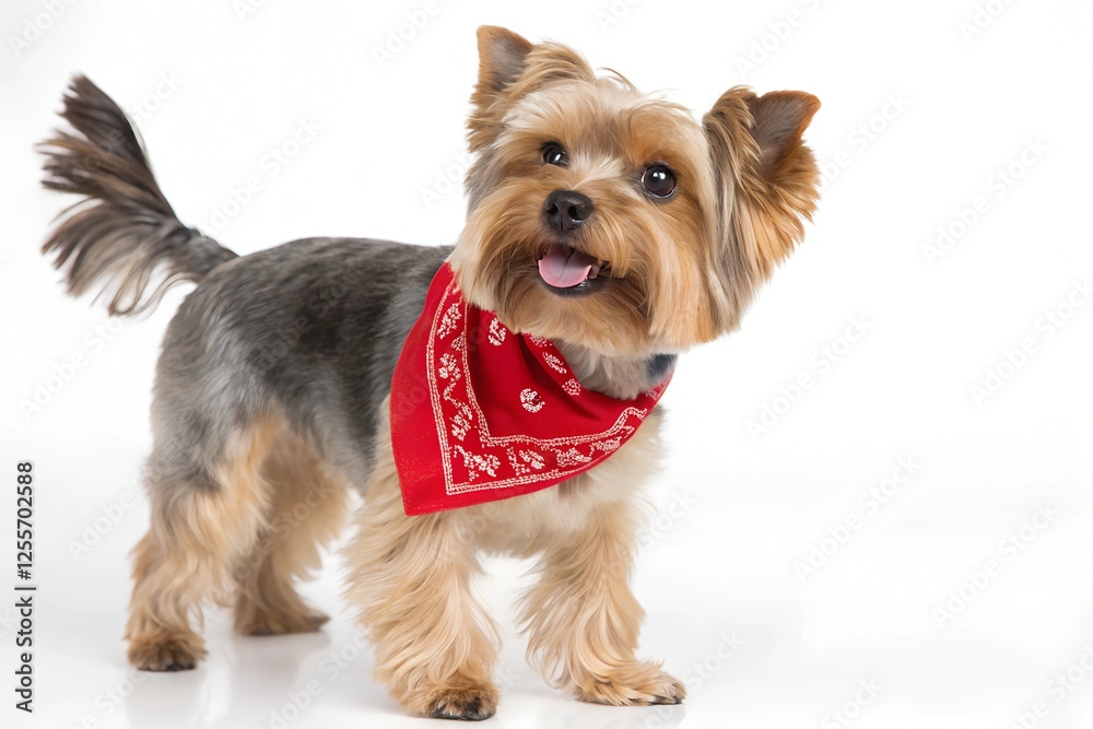 yorkshire terrier wearing red bandana in front of a white background yorkshire terrier wearing red bandana in front of a white background