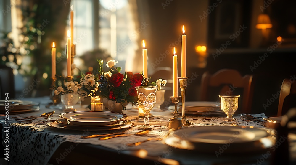 An elegant candlelit table with glowing taper candles, delicate lace tablecloth, vintage plates, and golden cutlery, surrounded by soft shadows and a cozy warm glow, cinematic detail. --ar 16:9