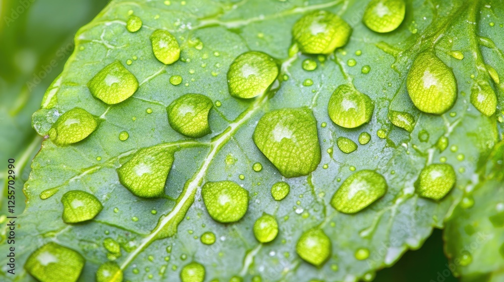 Fototapeta premium Close-up of water droplets on cabbage leaves in a vegetable garden, showcasing the freshness and vitality of homegrown produce.