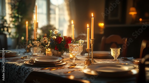 Obraz na płótnie An elegant candlelit table with glowing taper candles, delicate lace tablecloth, vintage plates, and golden cutlery, surrounded by soft shadows and a cozy warm glow, cinematic detail. --ar 16:9 w salonie