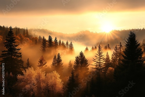 Golden sunrise over misty forest revealing layers of trees and vibrant colors in the early morning light