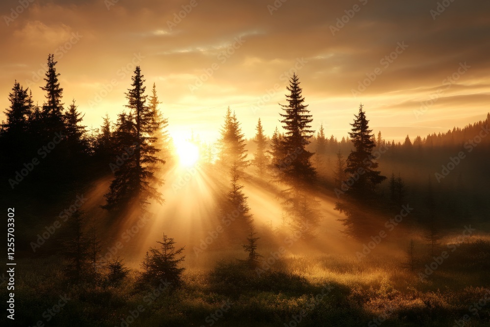 Golden sunrise illuminating a dense forest with mist and tall pine trees Golden sunrise illuminating a dense forest with mist and tall pine trees