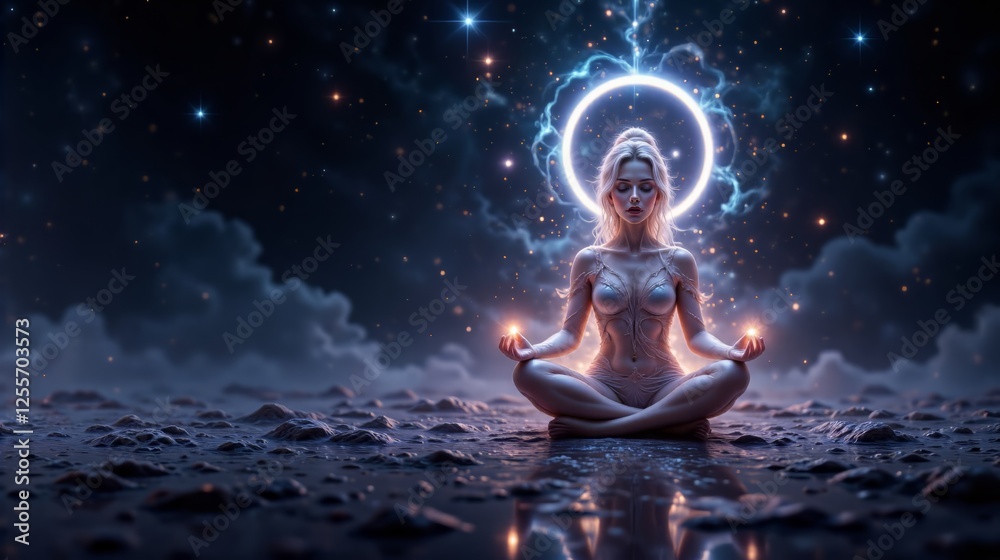 Naklejka premium Goddess meditating with luminous orbs in a mystical cosmic setting