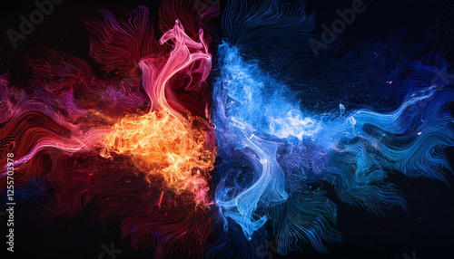 abstract blue and purple hearth comparison on black historical past with flames and sparks
