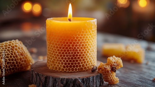 close-up of handmade beeswax candle with rustic appearance surrounded by beeswax comb natural wooden accents warm, honey-like color of beeswax contrasts with natural elements emphasizing eco-friendly
