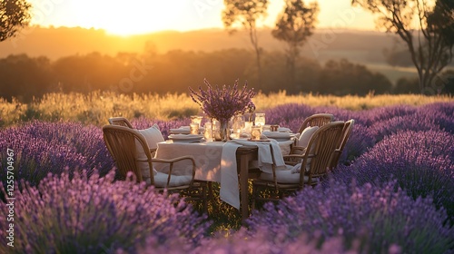 An enchanting outdoor table setup in a lavender field at sunset, soft linens, warm golden light, rustic chairs with cozy cushions, vibrant colors of the lavender blending with sunset tones,