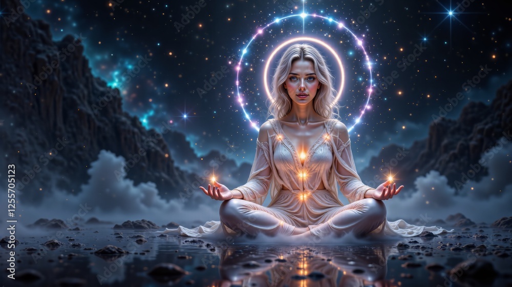 Obraz premium Goddess of spirituality meditating with glowing orbs in a tranquil cosmic environment