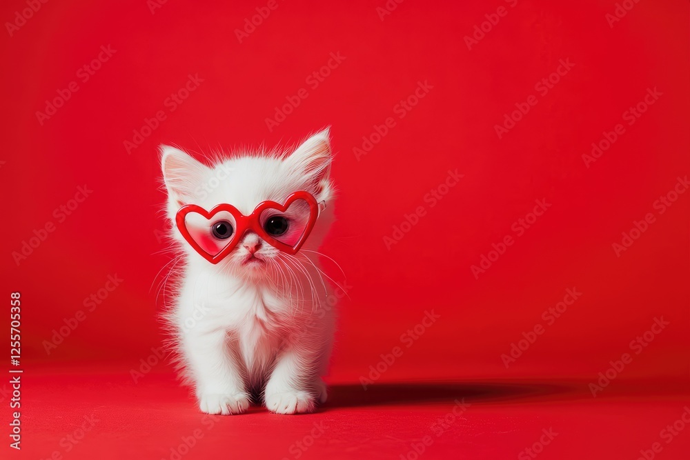 Adorable white kitten wearing red heart-shaped glasses on a vivid red background, perfect for Valentine’s Day themes, pet campaigns, or cheerful holiday promotions Adorable white kitten wearing red heart-shaped glasses on a vivid red background, perfect for Valentine’s Day themes, pet campaigns, or cheerful holiday promotions
