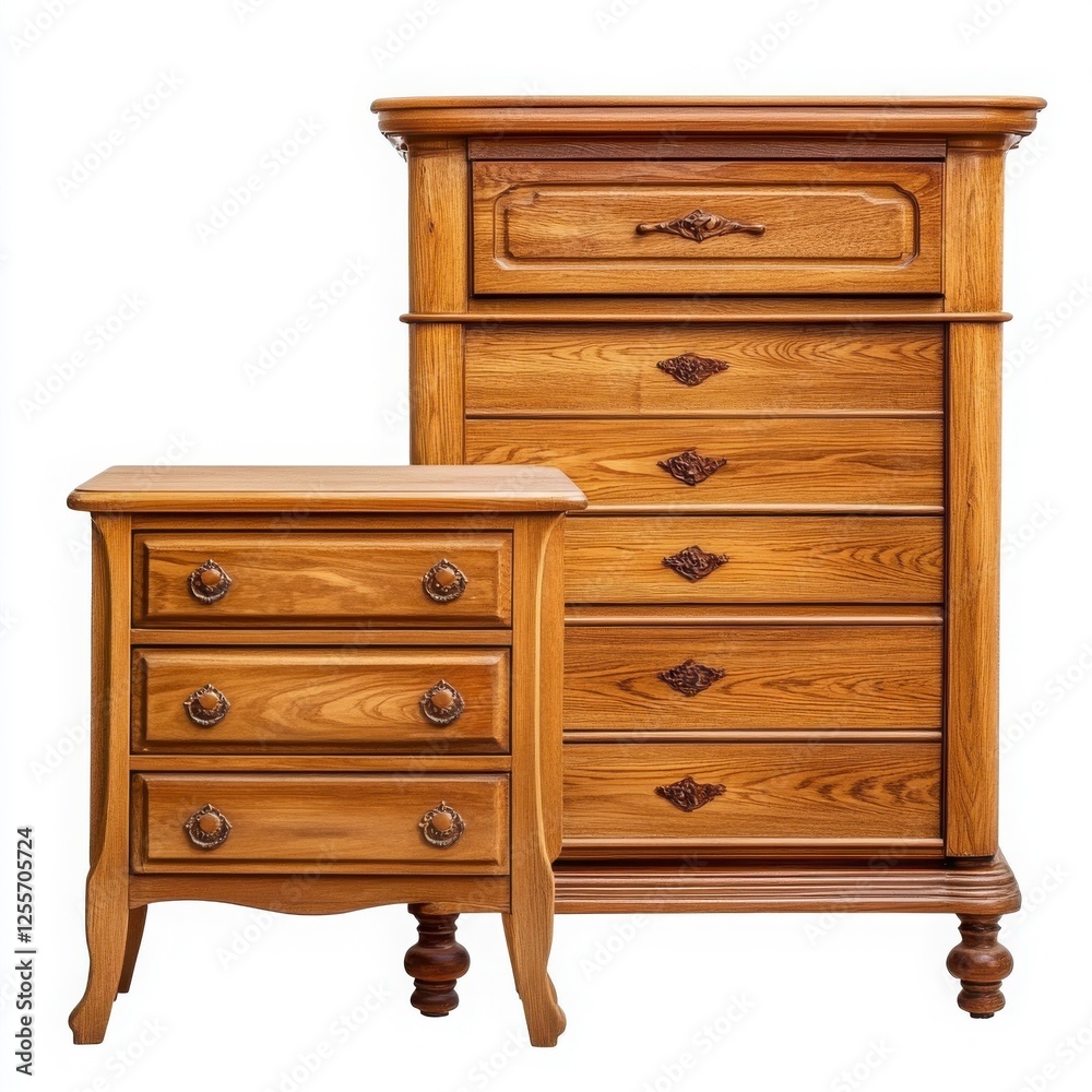 Elegant Wooden Chest of Drawers: A set of two beautifully crafted wooden chests of drawers, one tall and one small, each with intricate carvings and ornate hardware. Elegant Wooden Chest of Drawers: A set of two beautifully crafted wooden chests of drawers, one tall and one small, each with intricate carvings and ornate hardware.