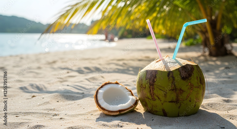Refreshing coconut drink on a sunny beach, two straws, palm trees, and ocean in the background. Escape to paradise! Refreshing coconut drink on a sunny beach, two straws, palm trees, and ocean in the background. Escape to paradise!