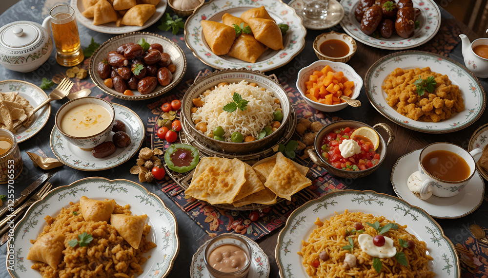 A beautifully arranged traditional Iftar table featuring an assortment of dishes, including dates, samosas, soup, fruit salads, and aromatic biryani A beautifully arranged traditional Iftar table featuring an assortment of dishes, including dates, samosas, soup, fruit salads, and aromatic biryani