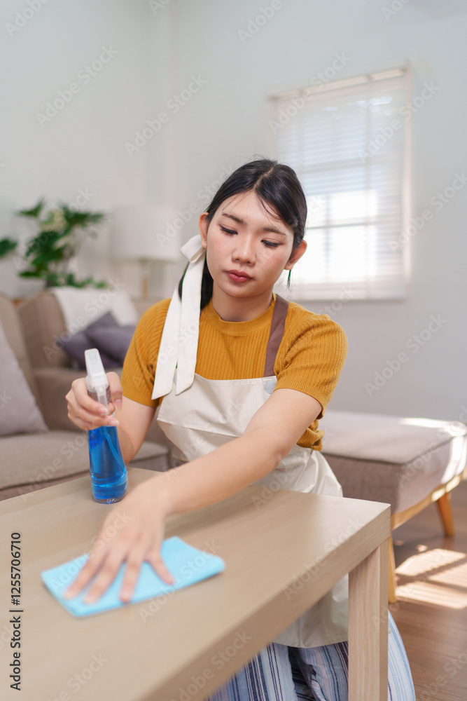 Close-up of an Asian housemaid cleaning a wooden table with a spray bottle and microfiber cloth Close-up of an Asian housemaid cleaning a wooden table with a spray bottle and microfiber cloth