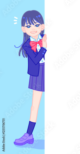壁から顔を出す女子学生