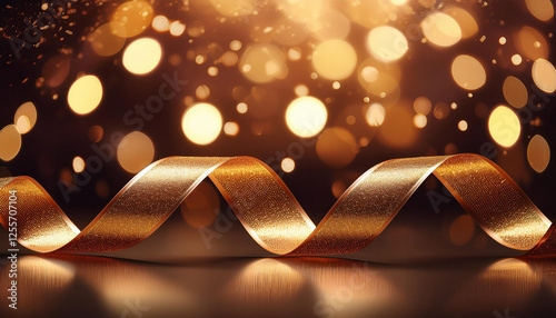 golden ribbon curling elegantly in opposition to a darkish background with sparkling bokeh lighting fixtures developing a festive and glamorous surroundings reproduction space