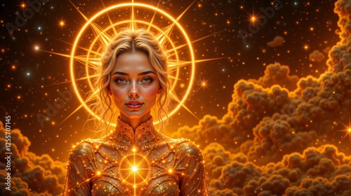 Goddess embodying divinity and spirituality with a serene expression in a radiant aura
