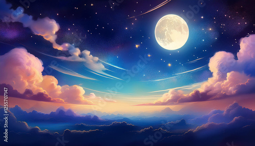 layout an photo of a dreamy night sky filled with stars gentle clouds glowing moon tranquil vibe realistic double publicity illustration reproduction area
