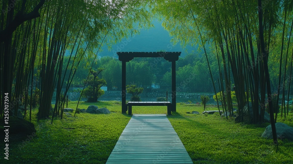 Tranquil bamboo grove with a small wooden path leading through a misty Japanese garden. Tranquil bamboo grove with a small wooden path leading through a misty Japanese garden.