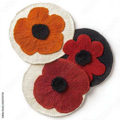 Knitted Poppy Coasters: Three handmade crocheted poppy flower coasters in shades of red, orange and black on white backgrounds, perfect for adding a touch of rustic charm to your home.  