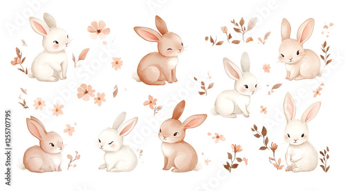 A set of cute bunnies in various poses surrounded by flowers and leaves, Cute bunny clip art set, surrounded by spring flowers and leaves in muted pastel tones on a white background, watercolor style