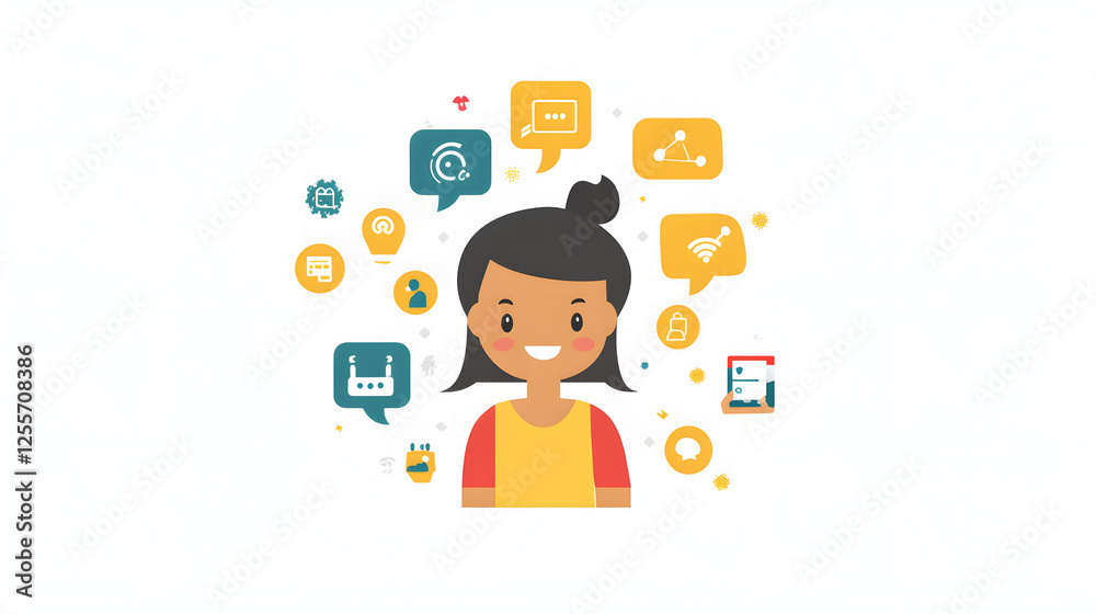 Woman surrounded by social icons representing digital transformation and customer engagement Woman surrounded by social icons representing digital transformation and customer engagement