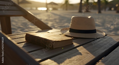 Sun-kissed serenity: A worn book and straw hat rest on a beach lounger, bathed in golden sunset light. photo