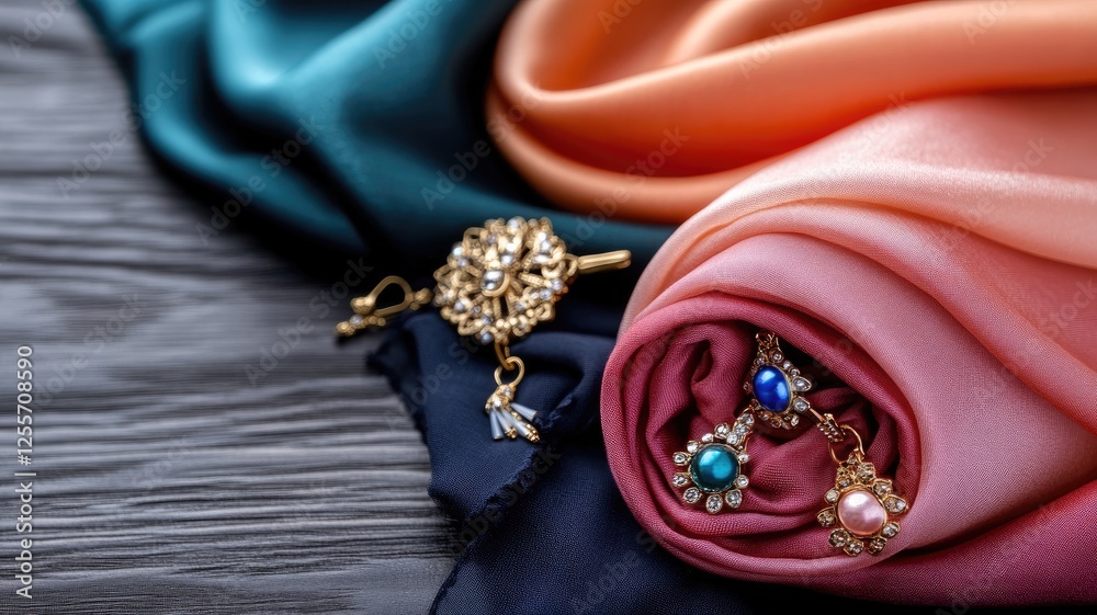 Elegant jewelry and colorful fabrics arranged artistically Elegant jewelry and colorful fabrics arranged artistically