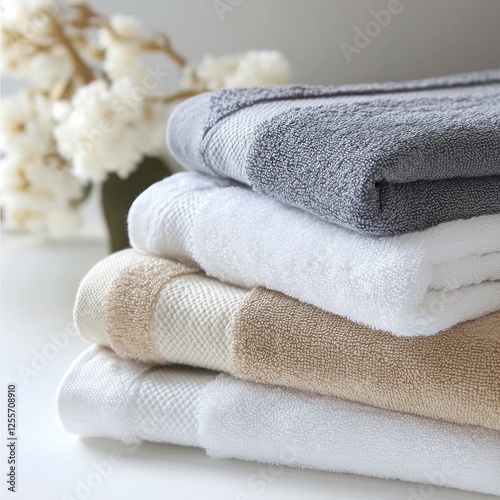 Soft and Luxurious Towels: A stack of plush towels in a variety of colors and textures, ready to provide a comforting and indulgent experience.  The soft texture, inviting colors.