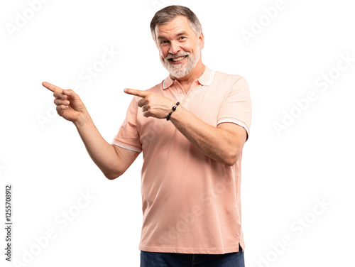 Happy mature business man entrepreneur, smiling older professional manager, confident businessman presenting ads advertising product or service isolated on transparent background.