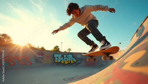 Young man skateboarding at sunset, vibrant graffiti backdrop.  A thrilling, dynamic shot!