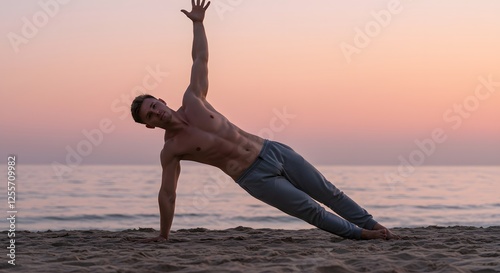 Silhouette of a man doing yoga on a sandy beach at sunset. Peaceful and serene moment captured in perfect light.