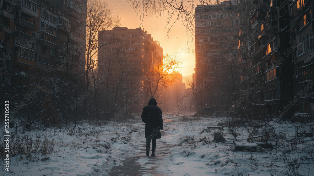 Fototapeta premium Lone person walking in a snowy urban courtyard at sunset, with warm light reflecting off apartment buildings
