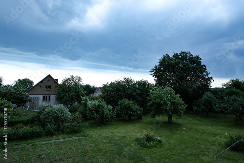 Cloudy, overcast view from second floor to garden.