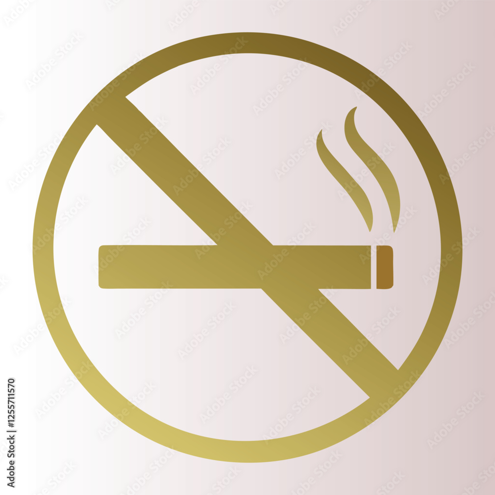 gold no smoking symbol, minimalist design, circle with diagonal line, cigarette icon, smoke wisps, white background.