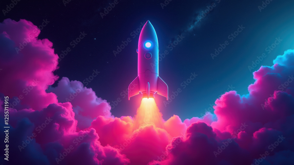 Fototapeta premium vibrant rocket launching through colorful clouds, symbolizing adventure and exploration