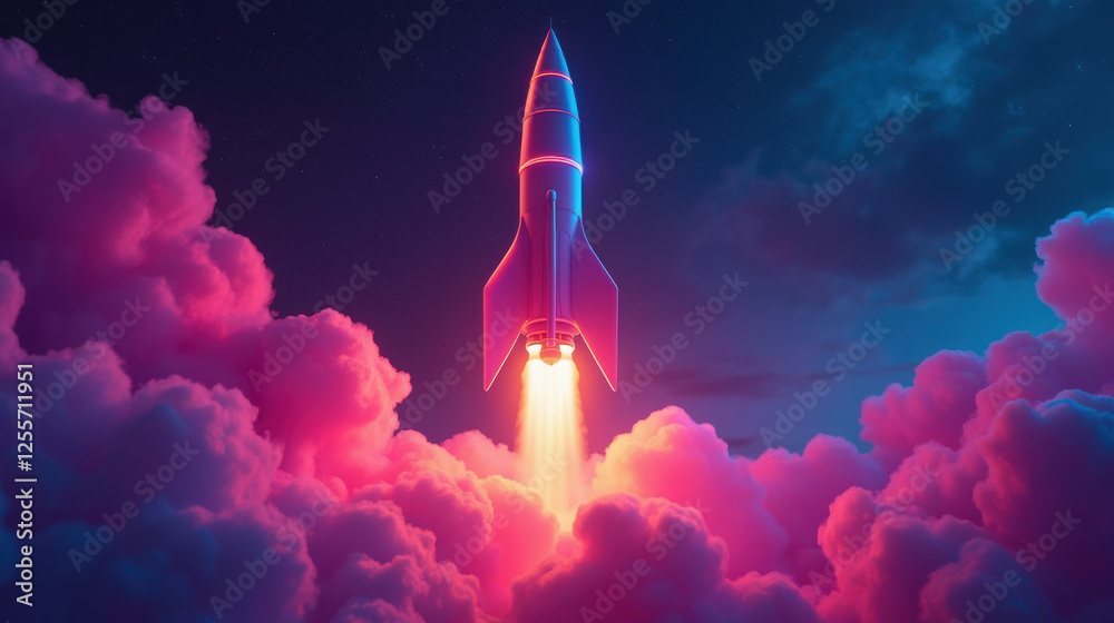 Fototapeta premium vibrant rocket launching through colorful clouds, creating stunning visual
