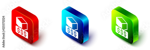 Isometric 3D printer services icon isolated on white background. 3d printing. Red, blue and green square button. Vector