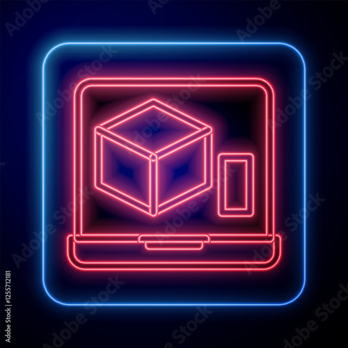 Glowing neon 3D printer icon isolated on black background. 3d printing. Vector