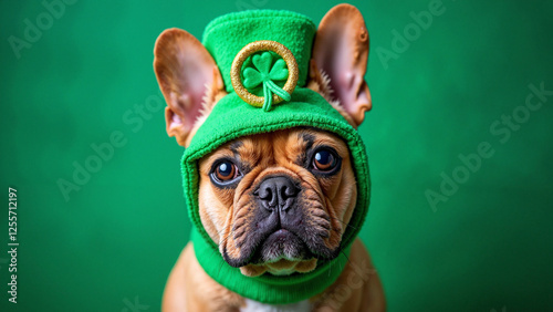 Festive French Bulldog in St. Patrick's Day Shamrock Costume: Perfect for Holiday Marketing and Pet-Themed Promotions photo