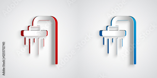 Paper cut Shower head with water drops flowing icon isolated on grey background. Paper art style. Vector