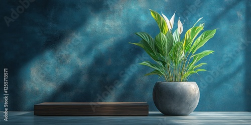 Serene Teal Room with Peace Lily in Pot and Wooden Platform photo