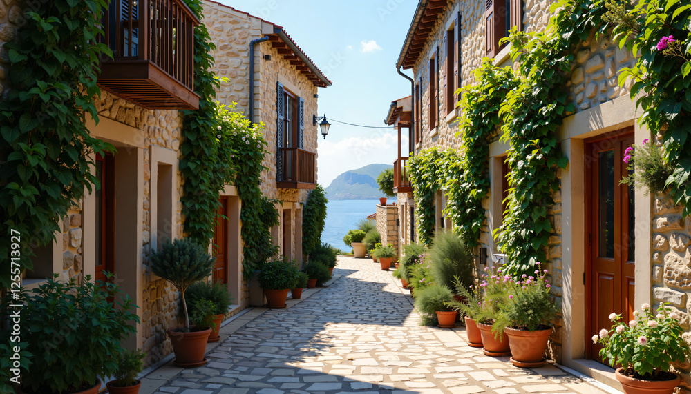 Fototapeta premium Picturesque Mediterranean Stone Street Coastal Village Sunny Day Greenery