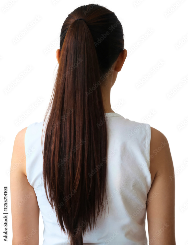 Naklejka premium woman with long brown hair tied in a ponytail, wearing a sleeveless white top, facing away.