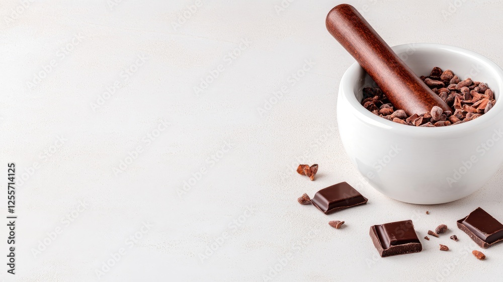 Mortar and pestle with cocoa beans chocolate pieces on light background Mortar and pestle with cocoa beans chocolate pieces on light background