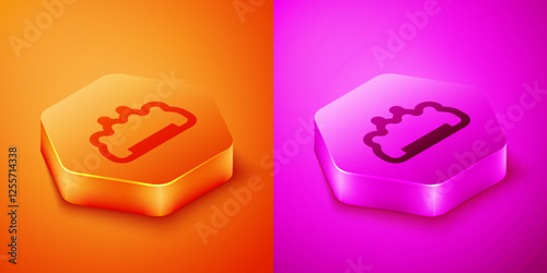 Isometric Brass knuckles icon isolated on orange and pink background. Hexagon button. Vector