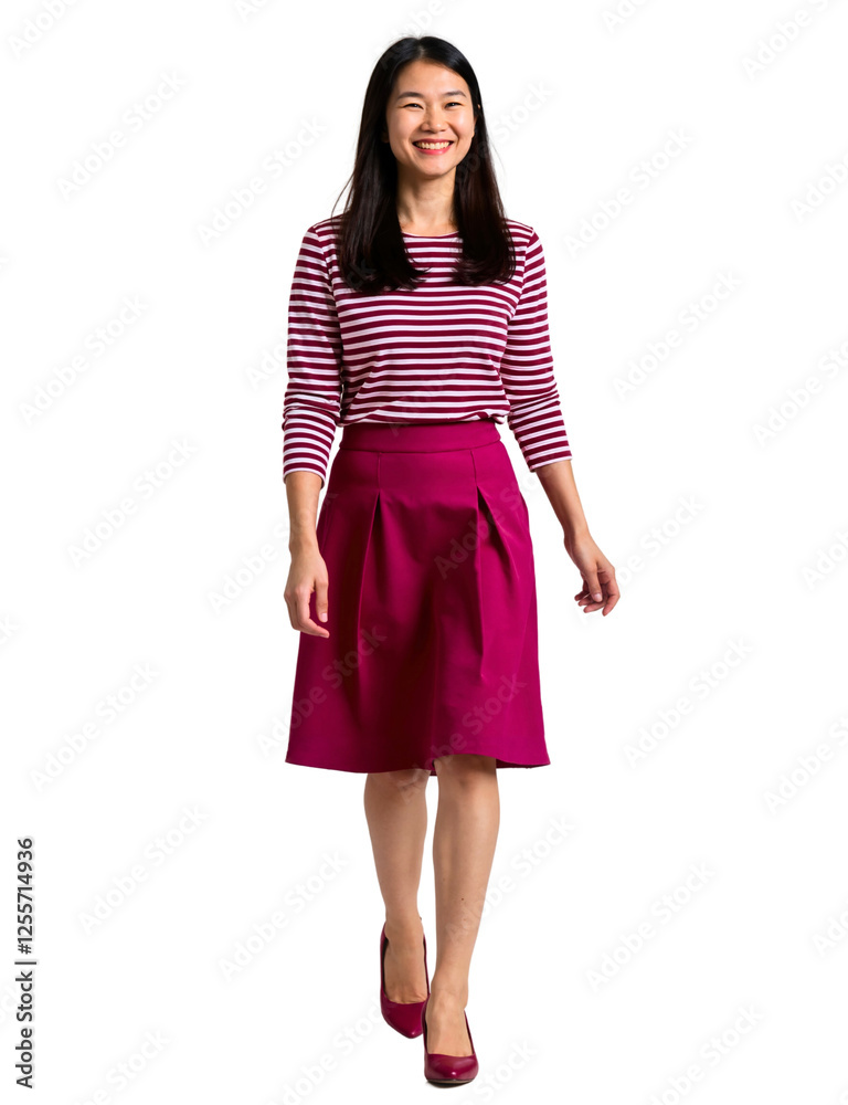 A woman with long dark hair, wearing a striped top and a magenta skirt, smiles while walking on a plain background.