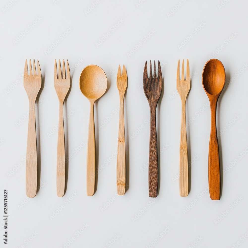 Wooden Cutlery Set: A collection of elegant wooden forks and spoons arranged in a neat row, showcasing their natural grain and variations in tone. Perfect for rustic or minimalist settings. Wooden Cutlery Set: A collection of elegant wooden forks and spoons arranged in a neat row, showcasing their natural grain and variations in tone. Perfect for rustic or minimalist settings.