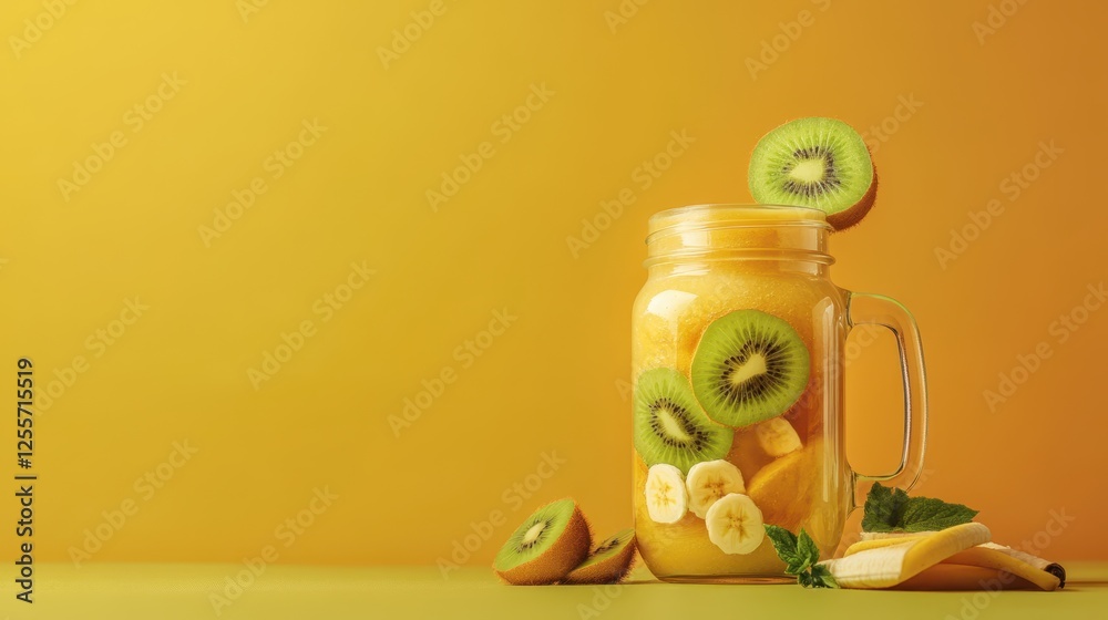 Φωτογραφία Tropical Fruit Smoothie in Mason Jar: A refreshing blend of kiwi, banana, and mango in a mason jar, ready to quench your thirst
