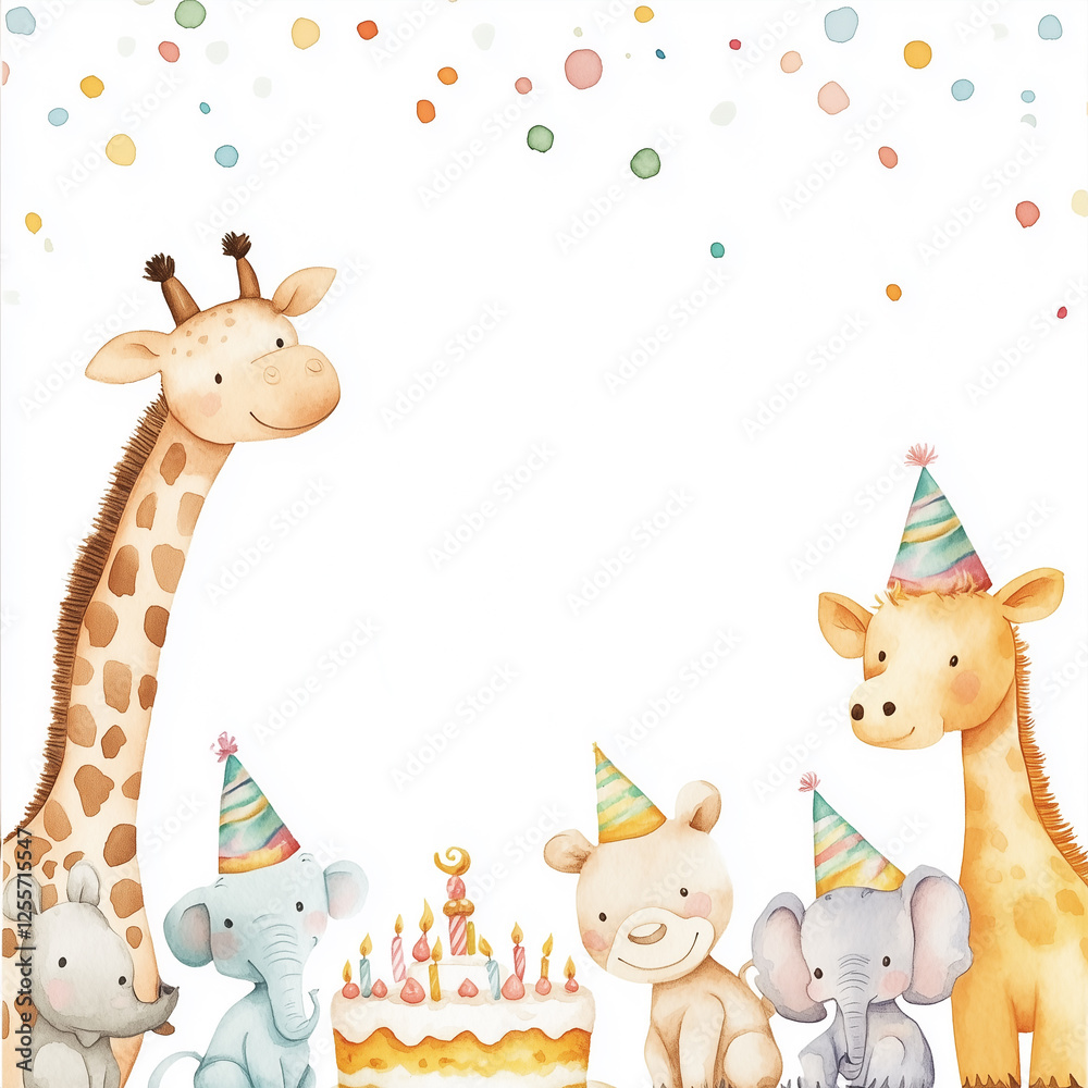 Naklejka premium Watercolor illustration of cute baby animals wearing birthday hats,cute animals watercolor, group of happy animals celebrating together, birthday celebration background