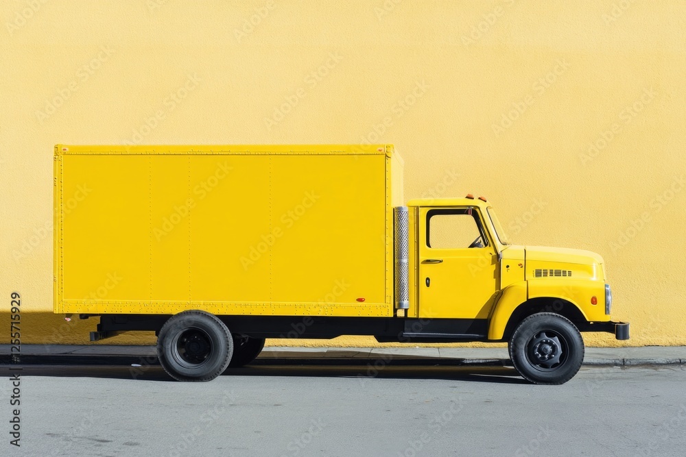 A yellow truck is parked in front of a bright yellow wall A yellow truck is parked in front of a bright yellow wall